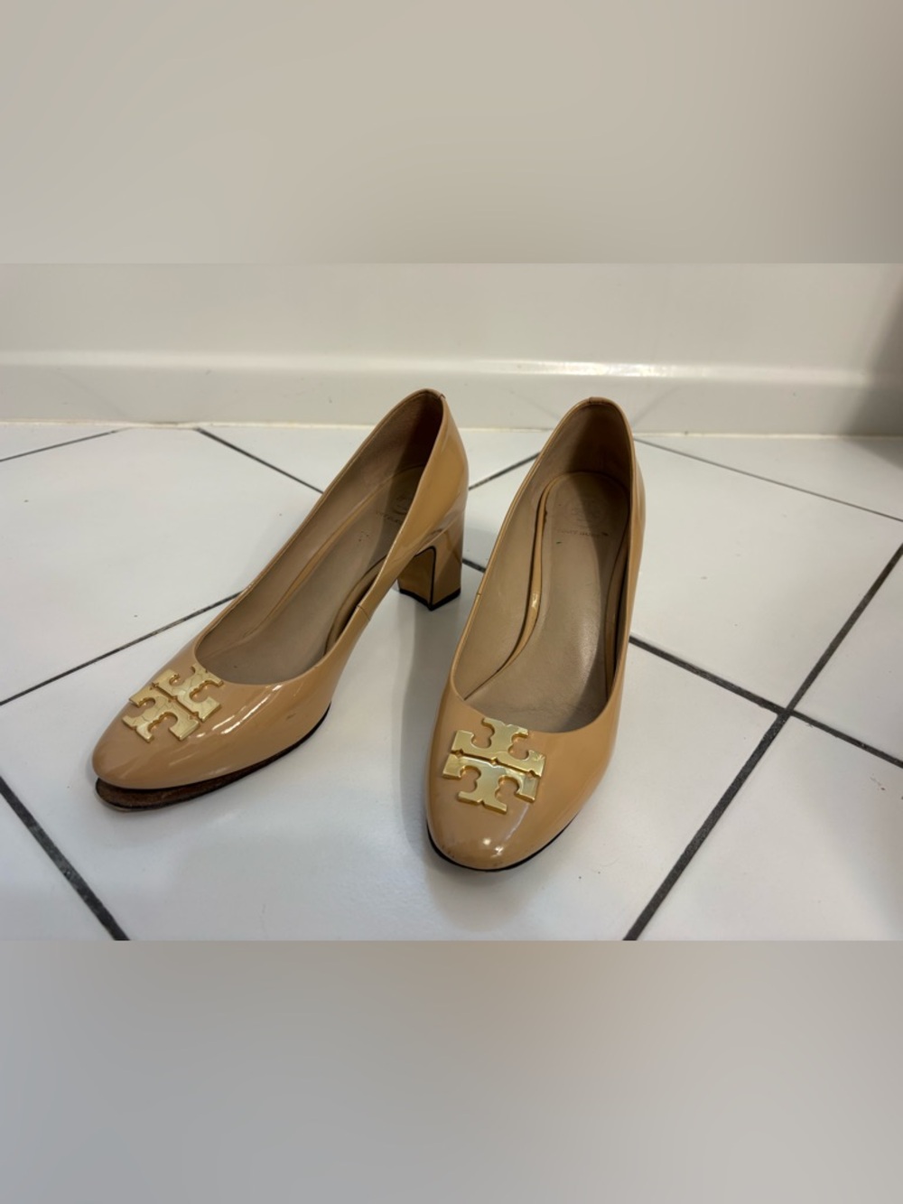 Tory Burch Nude Patent Leather Block Heel Pumps with Gold Logo